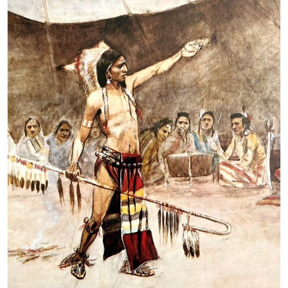 Council Of War Native Americans 1978 Old West Print Russell LGAD99 - Picture 1 of 2